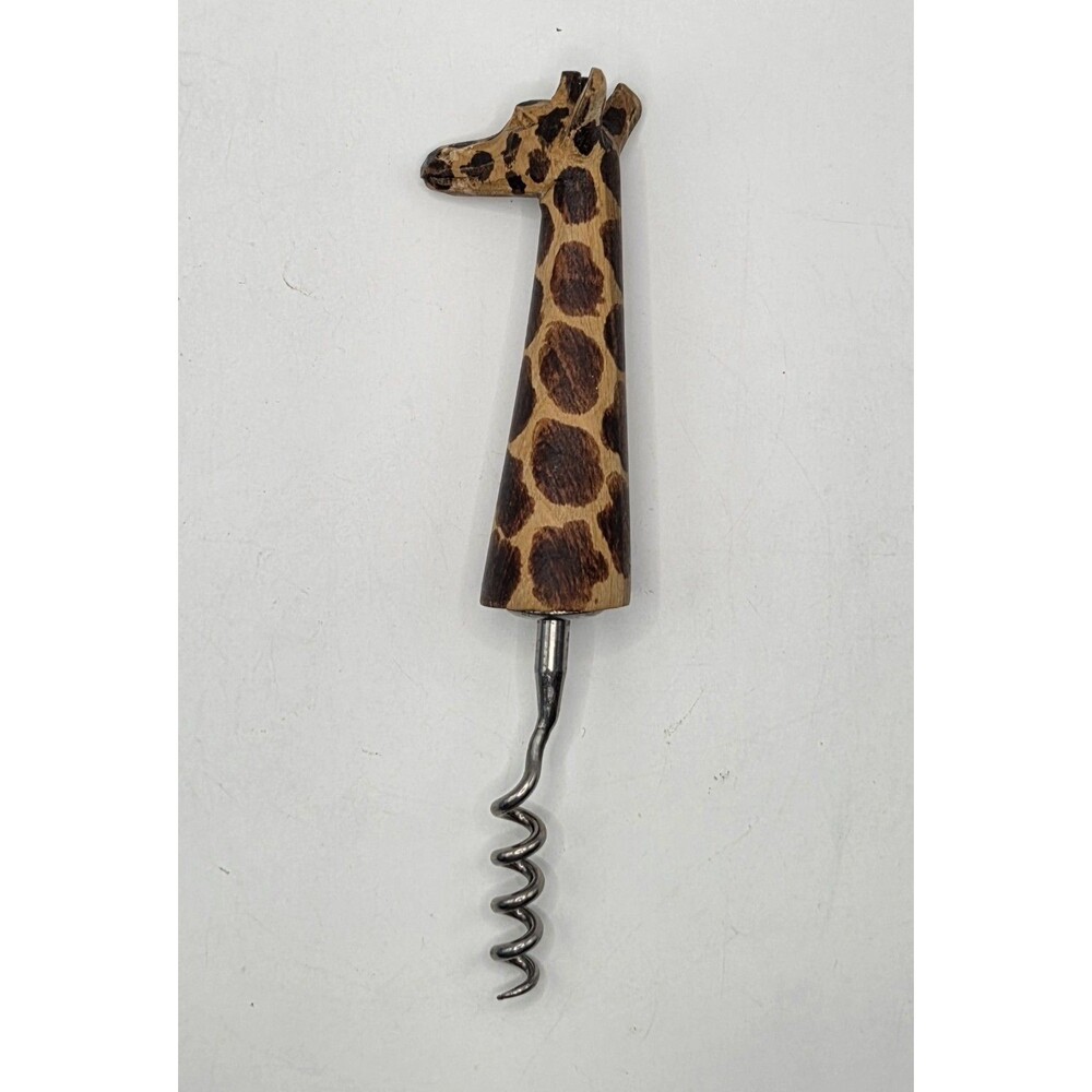 Vintage Hand Carved Wooden Giraffe Corkscrew African Folk Art Barware Tool 6.25"